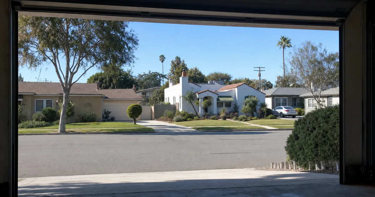 Garage door repair in Baldwin Park, CA, seen from inside a garage looking out at the street